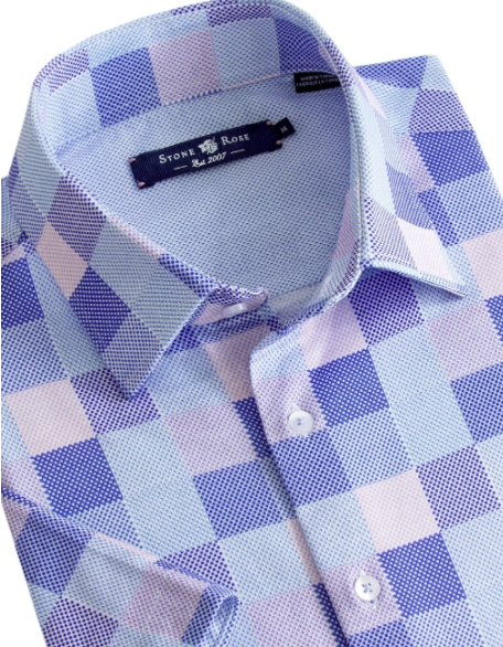 Pink and Blue Check Knit Short Sleeve Shirt